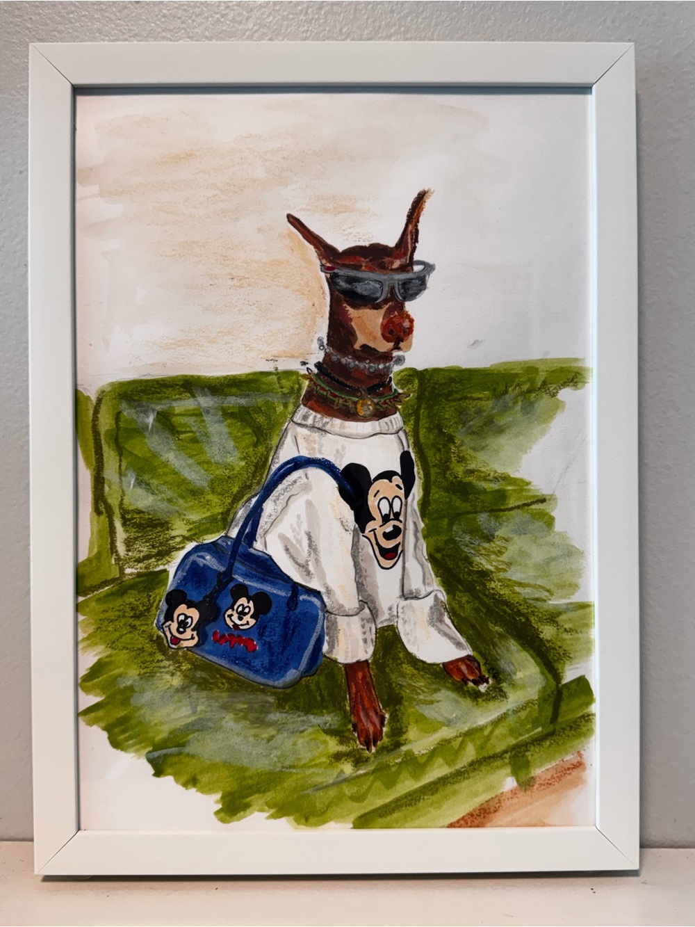 Framed Playful Doberman Dog Portrait in Disney fashion outfit Original Wall art